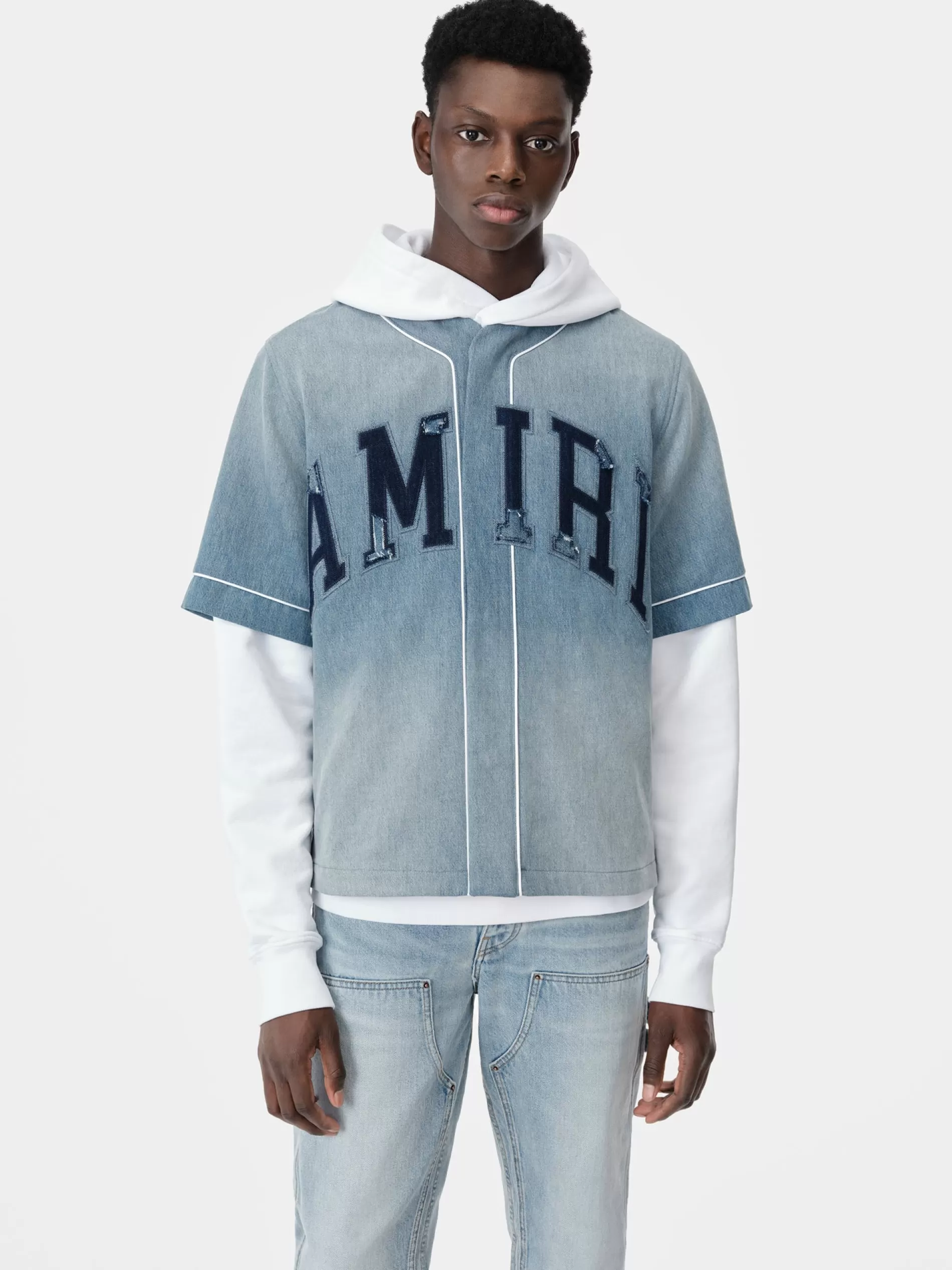 AMIRI Denim> SUNFADED BASEBALL SHIRT PERFECT INDIGO