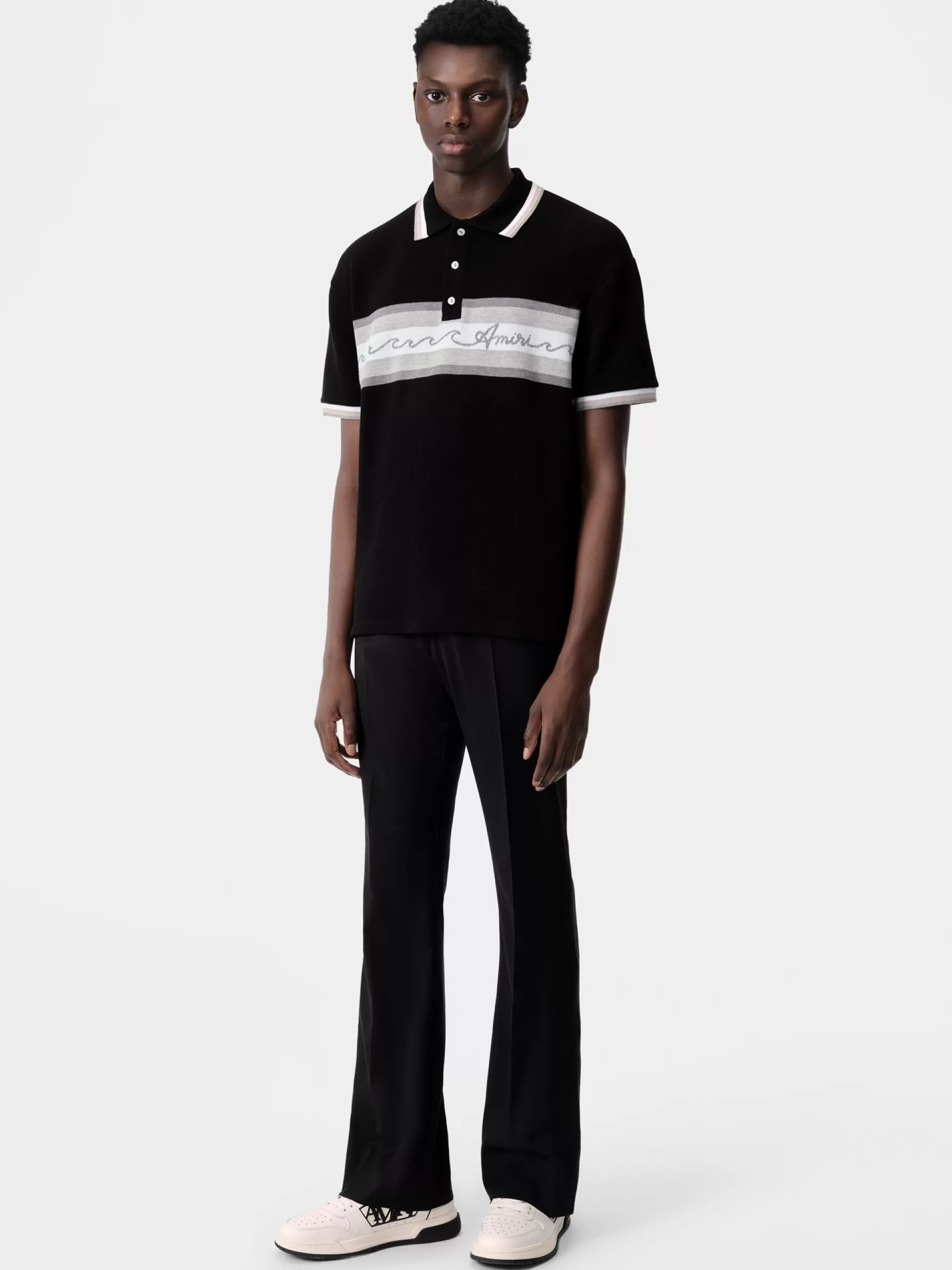 AMIRI Tees> WAVE BAJA STRIPE POLO BLACK