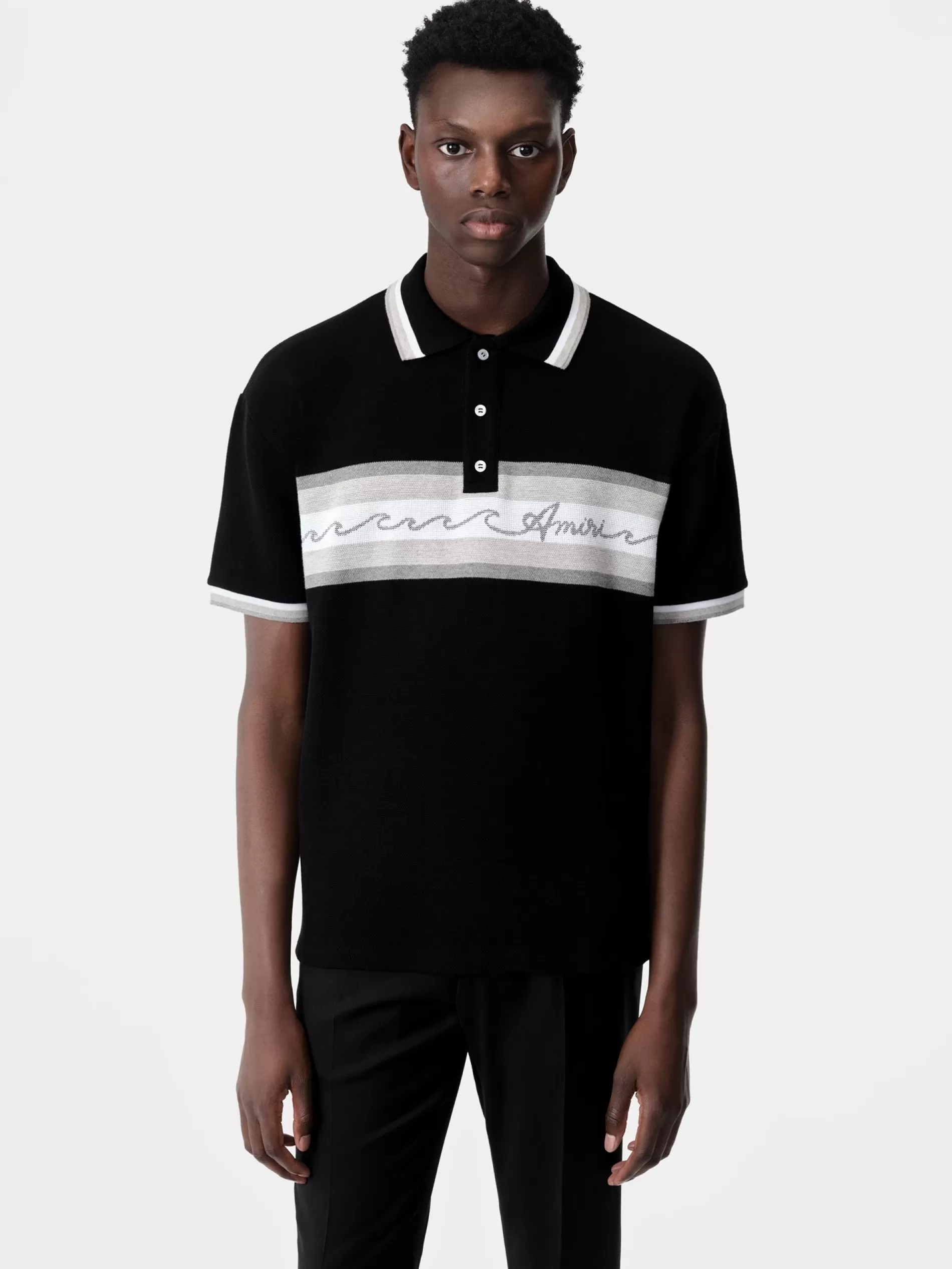 AMIRI Tees> WAVE BAJA STRIPE POLO BLACK