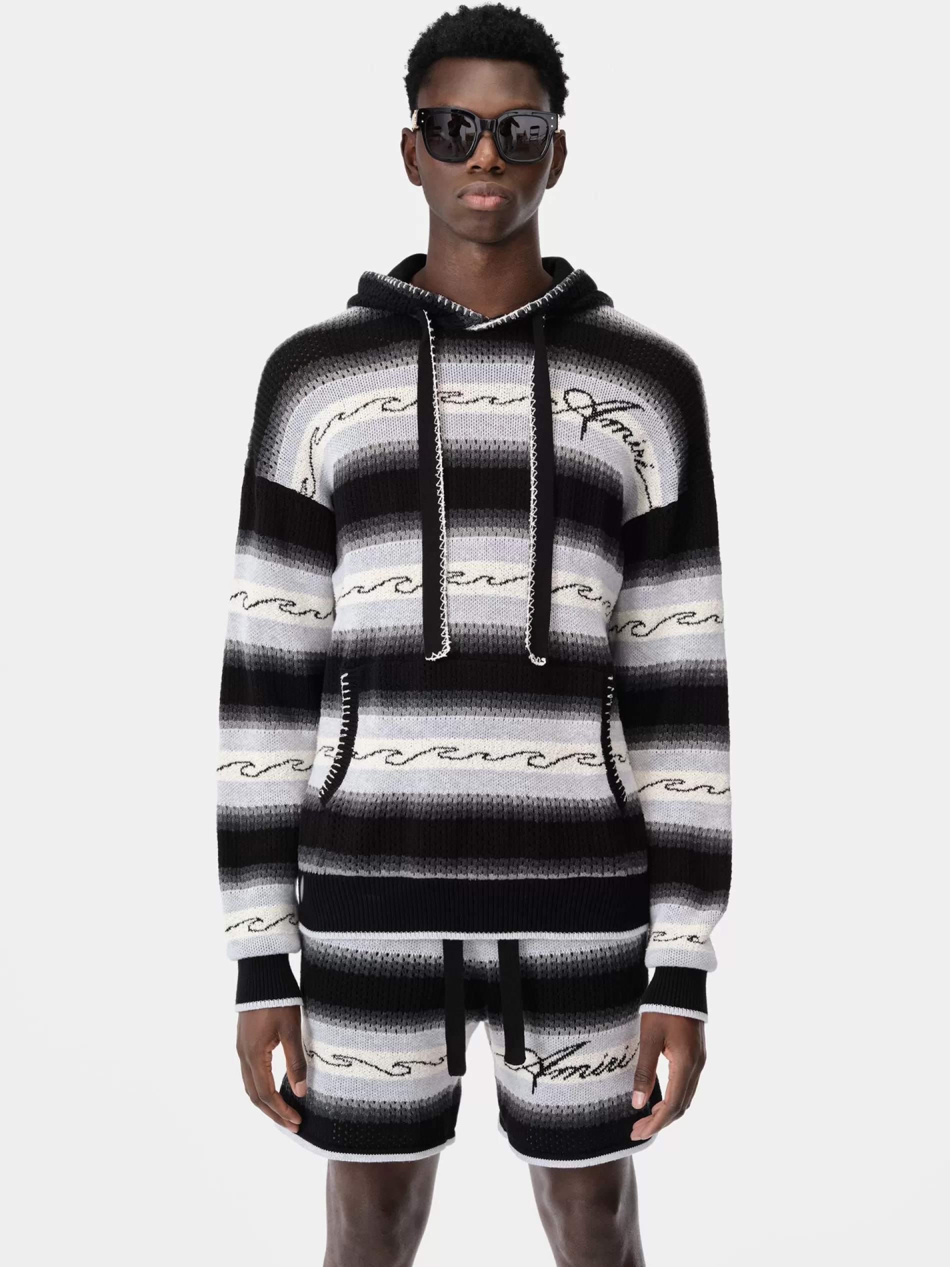 AMIRI Knitwear>AMRI WAVE BAJA STRIPE HOODIE BLACK