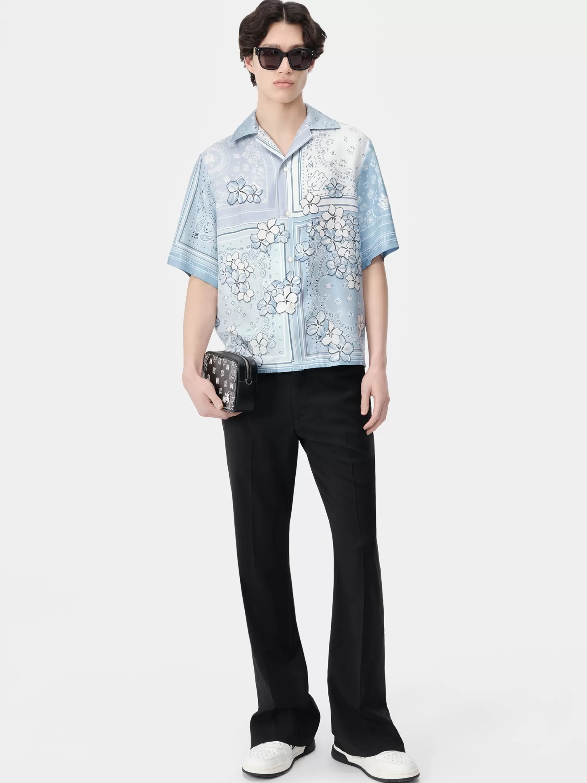 AMIRI Shirts>BANDANA FLORAL BOWLING SHIRT Cerulean