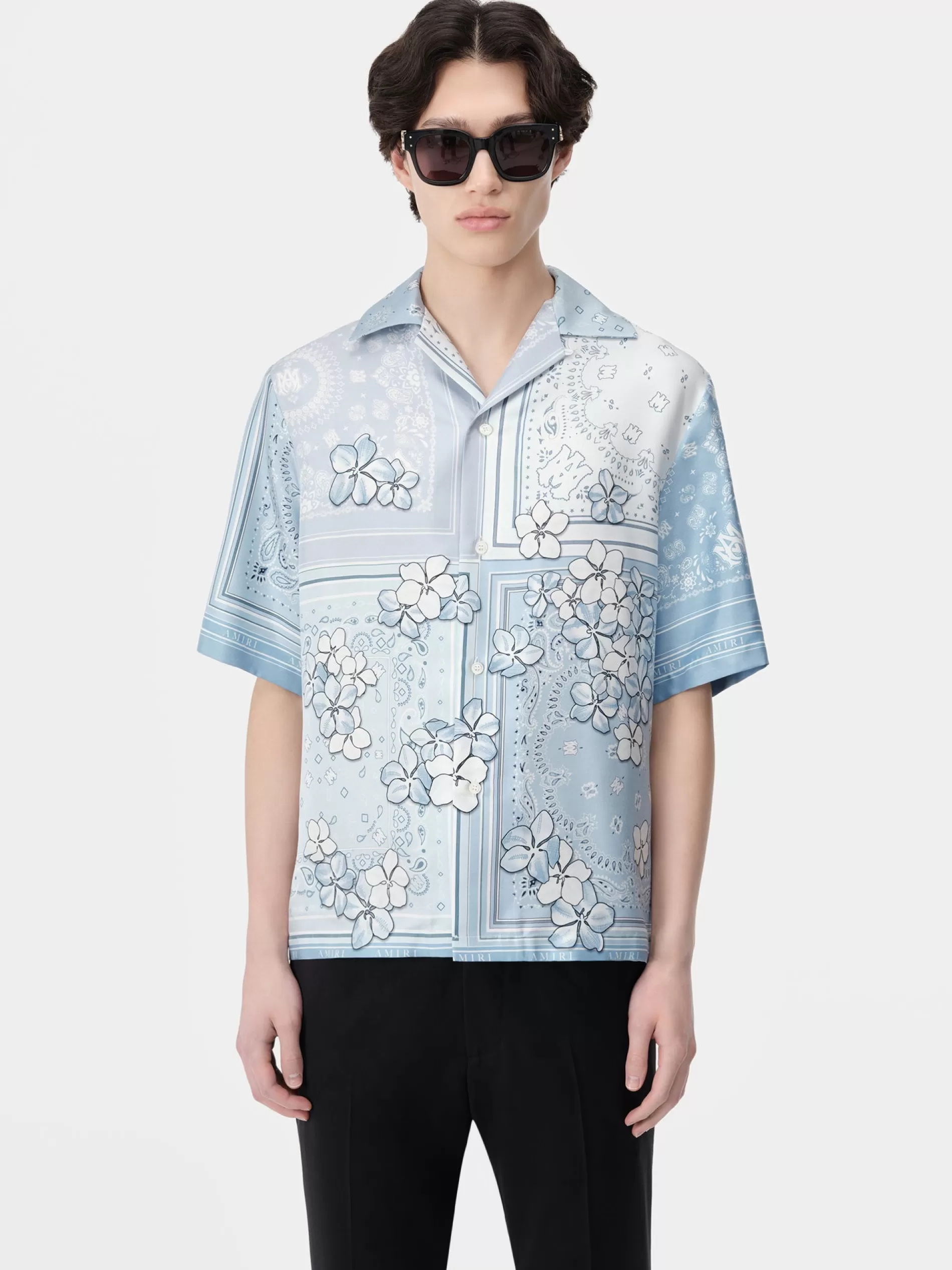 AMIRI Shirts>BANDANA FLORAL BOWLING SHIRT Cerulean