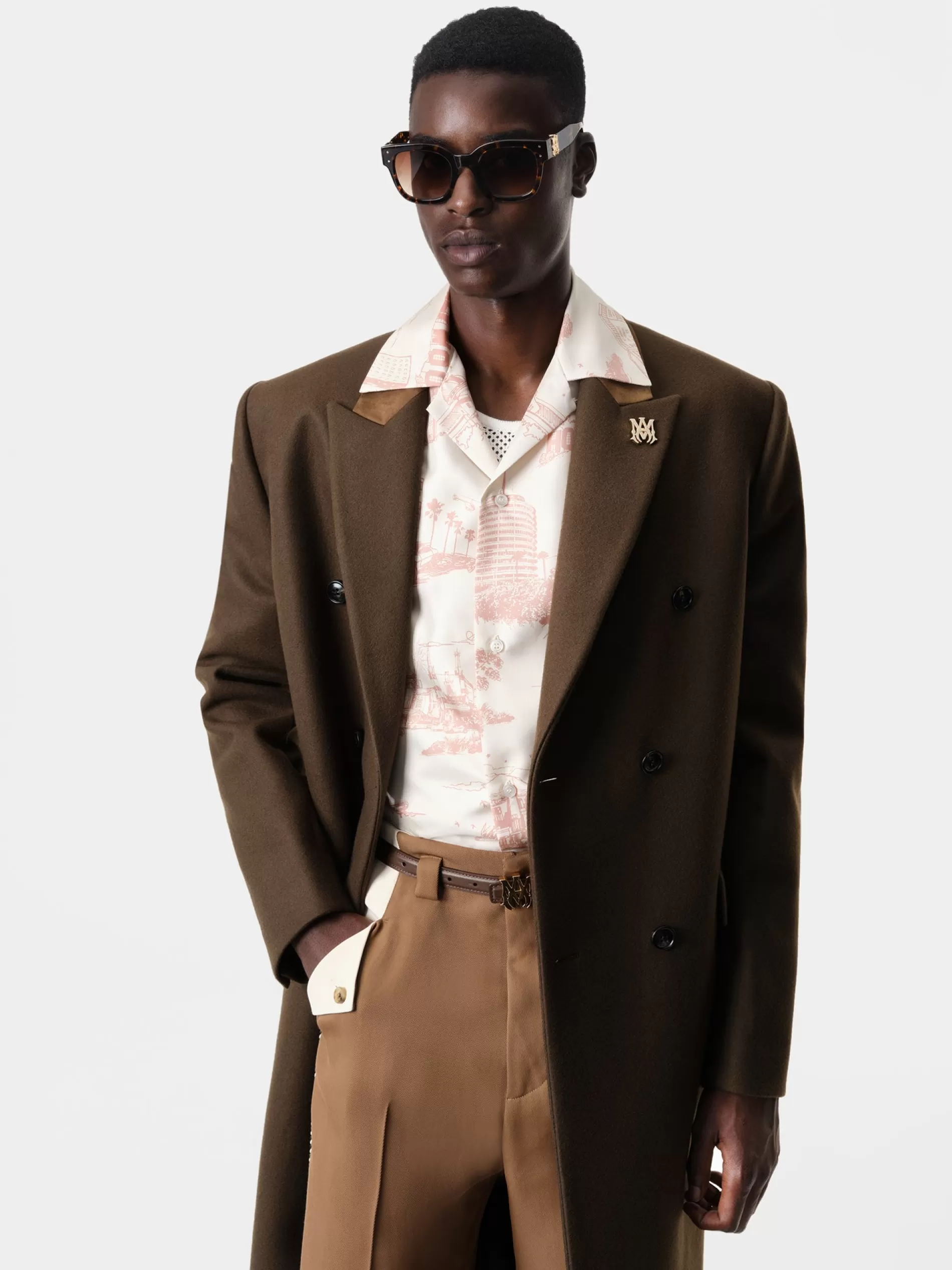 AMIRI Outerwear>DOUBLE-BREASTED OVERCOAT DARK BROWN