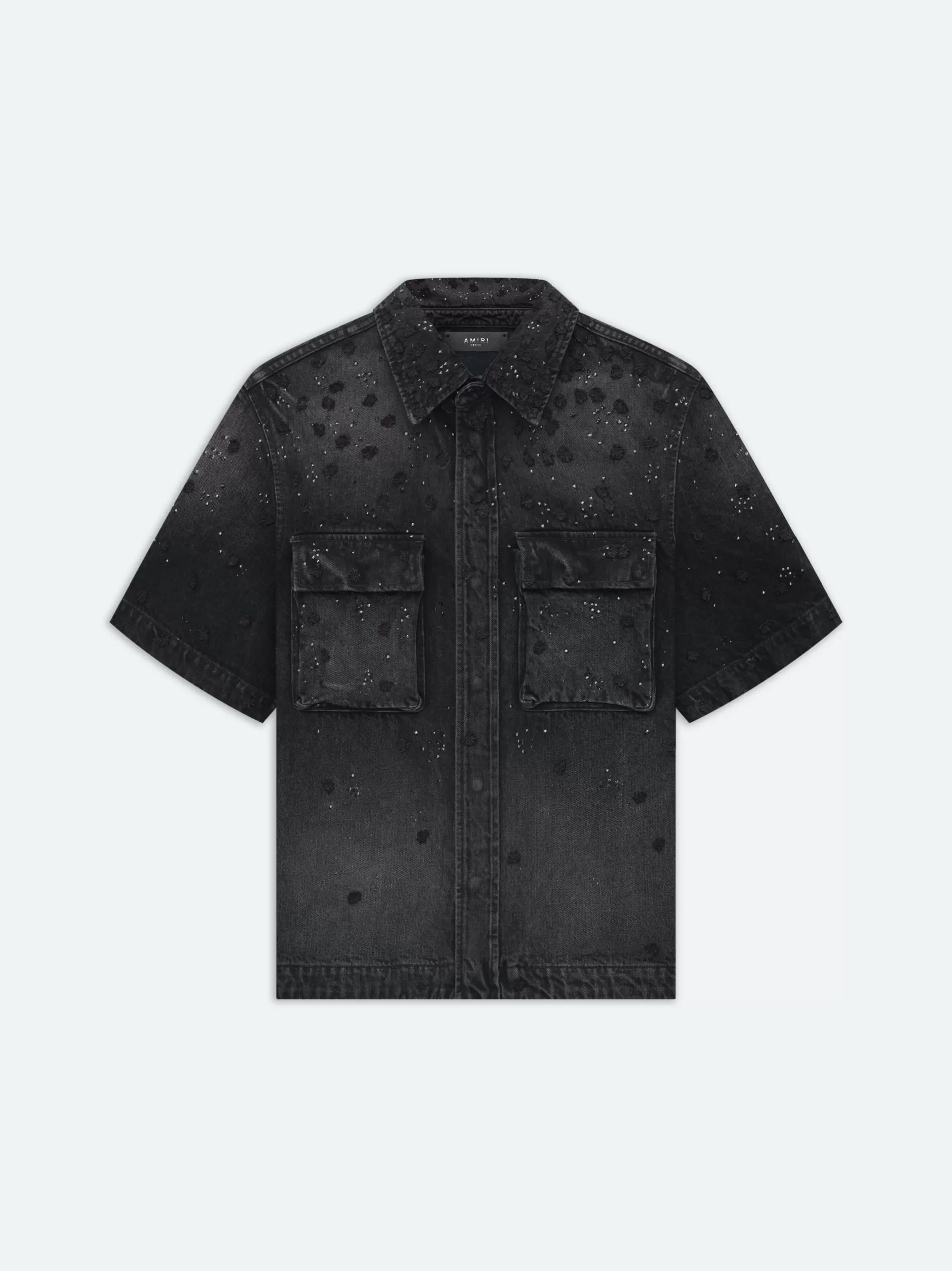 AMIRI Denim>FLORAL CRYSTAL DENIM SHORT SLEEVE SHIRT FADED BLACK