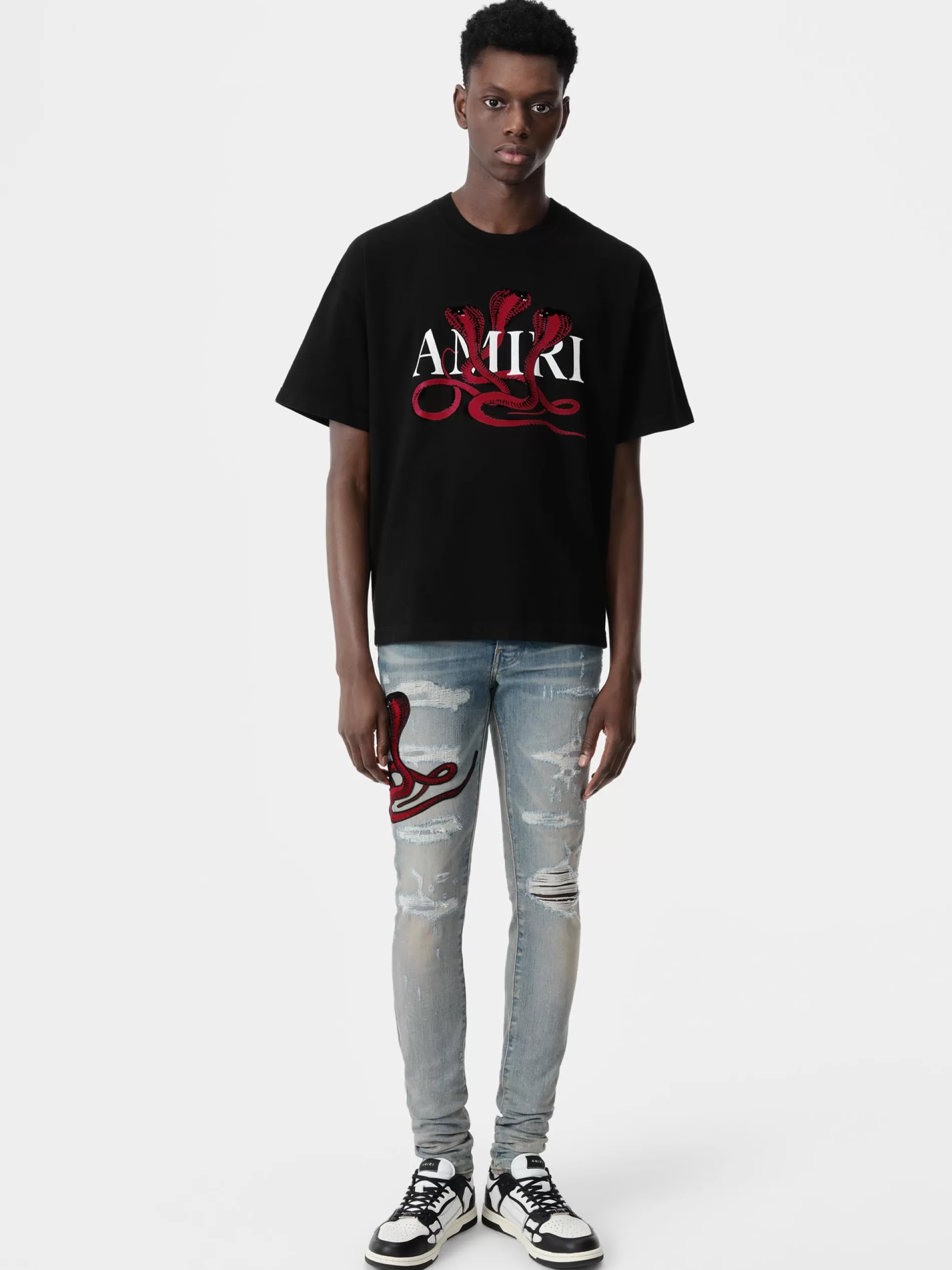 AMIRI Tees>GLITTER POISON LOGO SKATER TEE Black Red