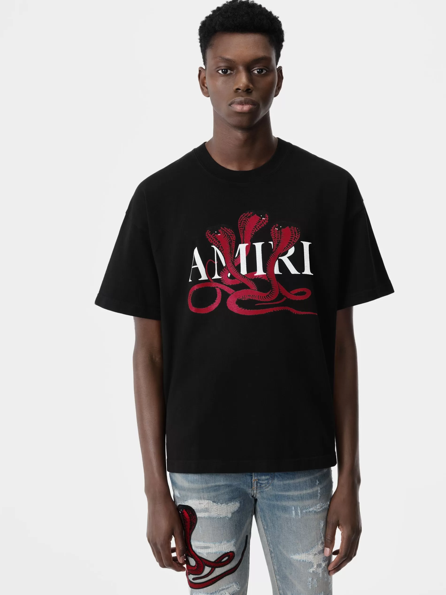 AMIRI Tees>GLITTER POISON LOGO SKATER TEE Black Red