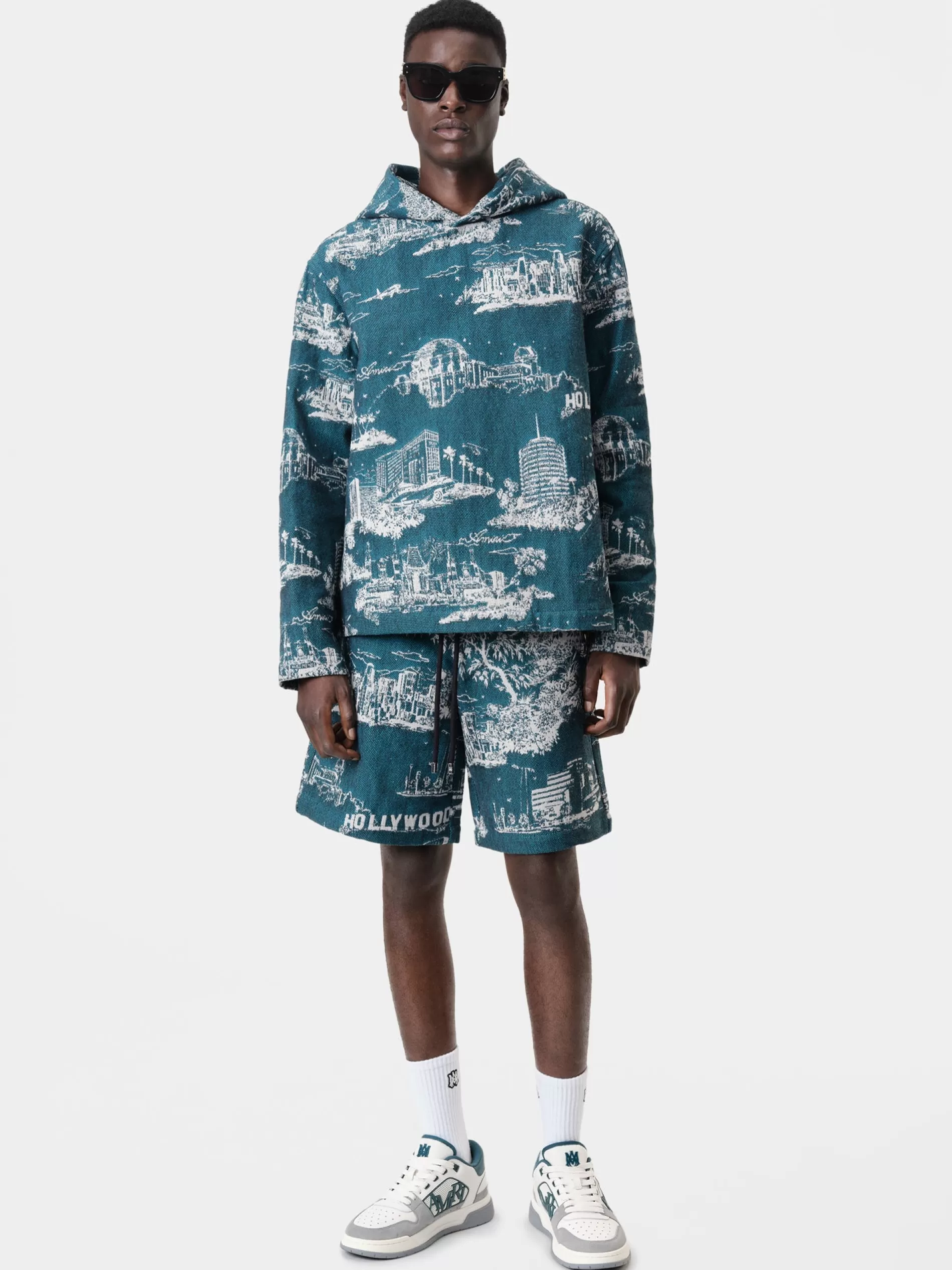 AMIRI Sweatshirts>LA LANDMARK TAPESTRY HOODIE Deep Teal