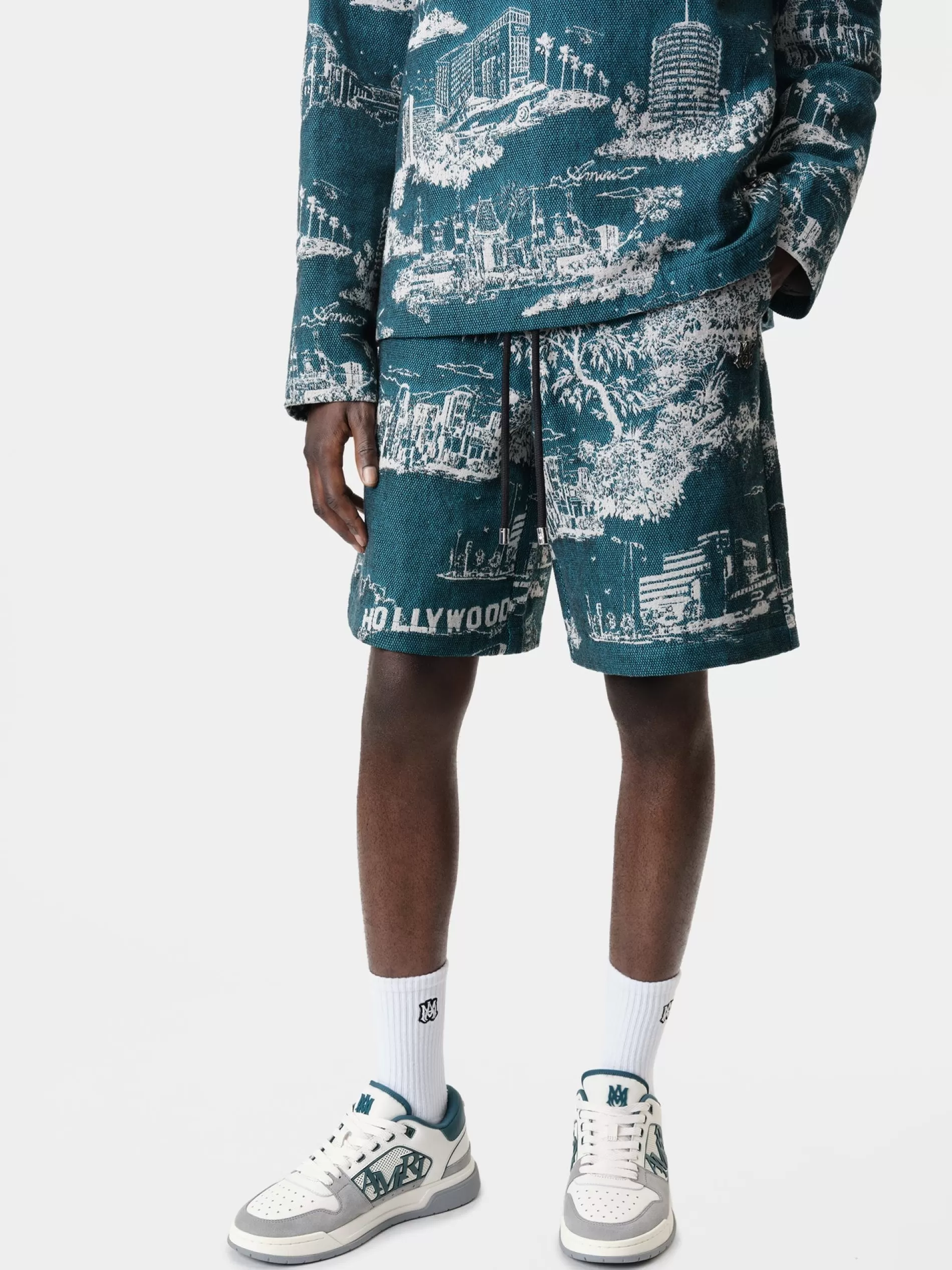 AMIRI Shorts & Sweatpants>LA LANDMARK TAPESTRY SHORT Deep Teal