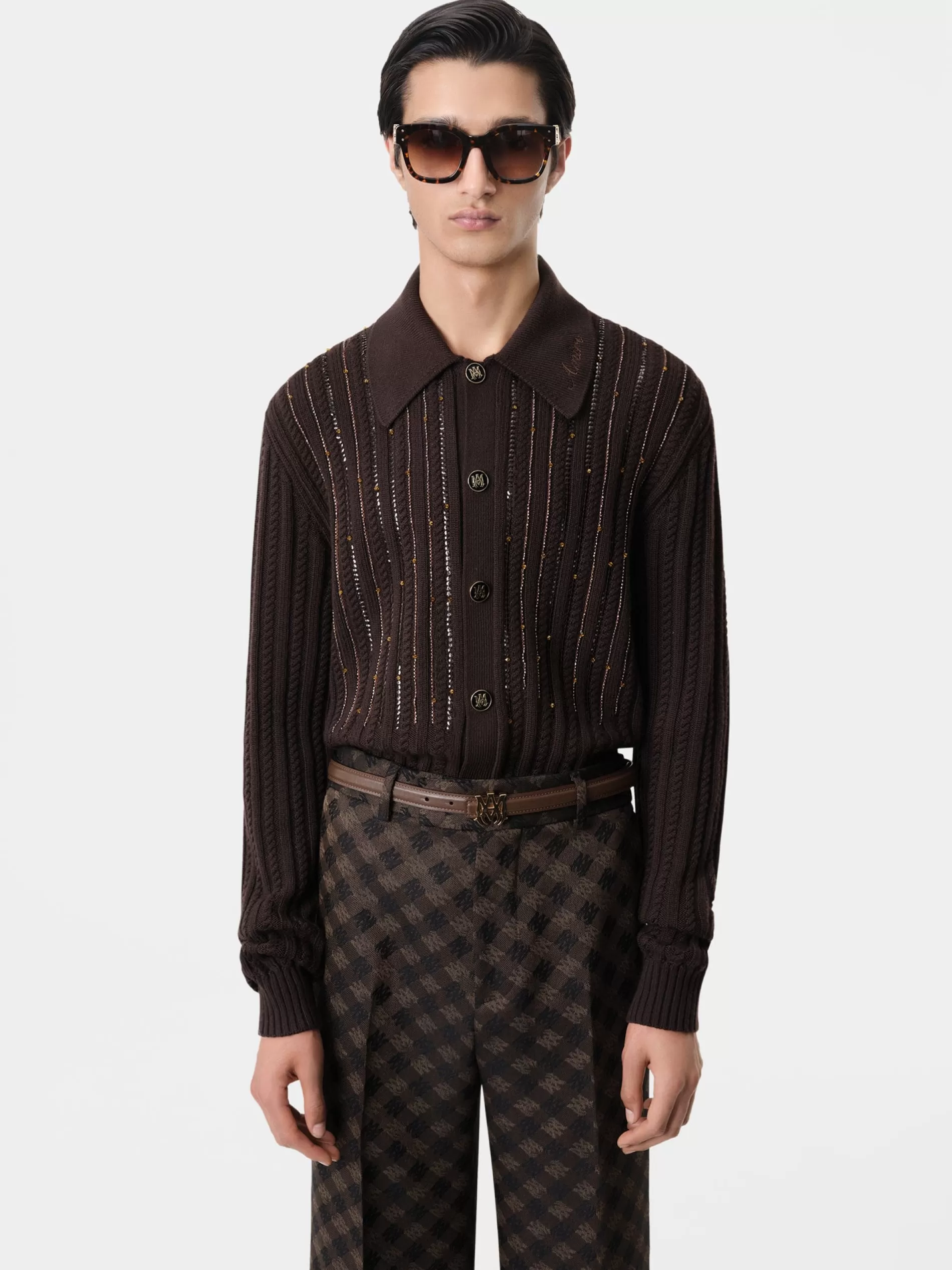 AMIRI Knitwear>LONG SLEEVE POLO DARK BROWN