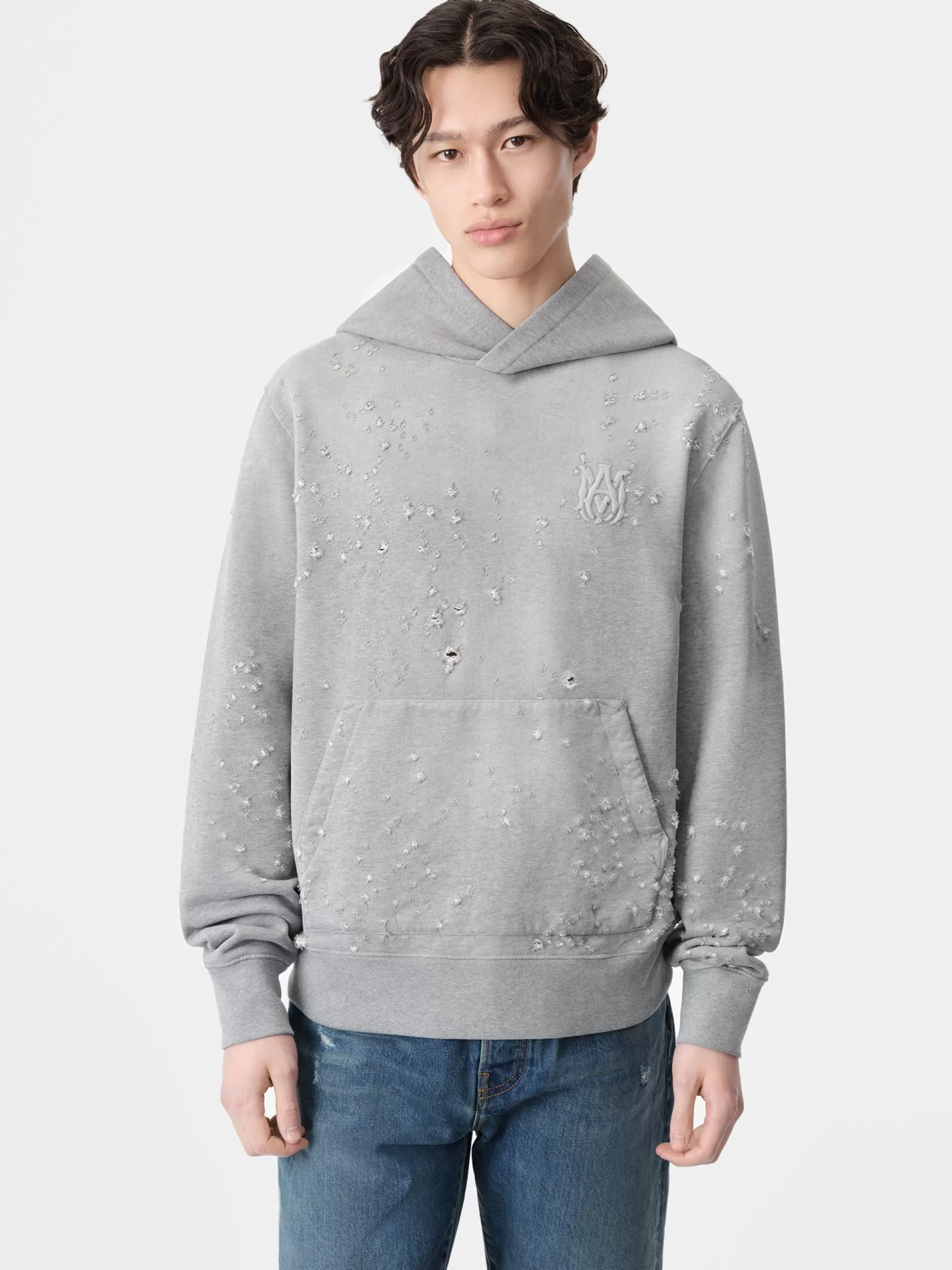 AMIRI Sweatshirts>MA SHOTGUN EMBROIDERED HOODIE Grey