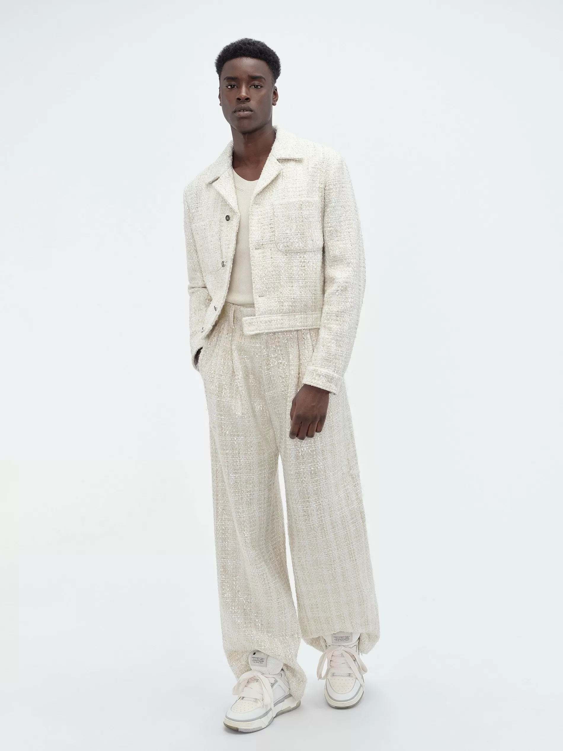 AMIRI Pants>SEQUIN BOUCLE DOUBLE PLEATED PANT Alabaster