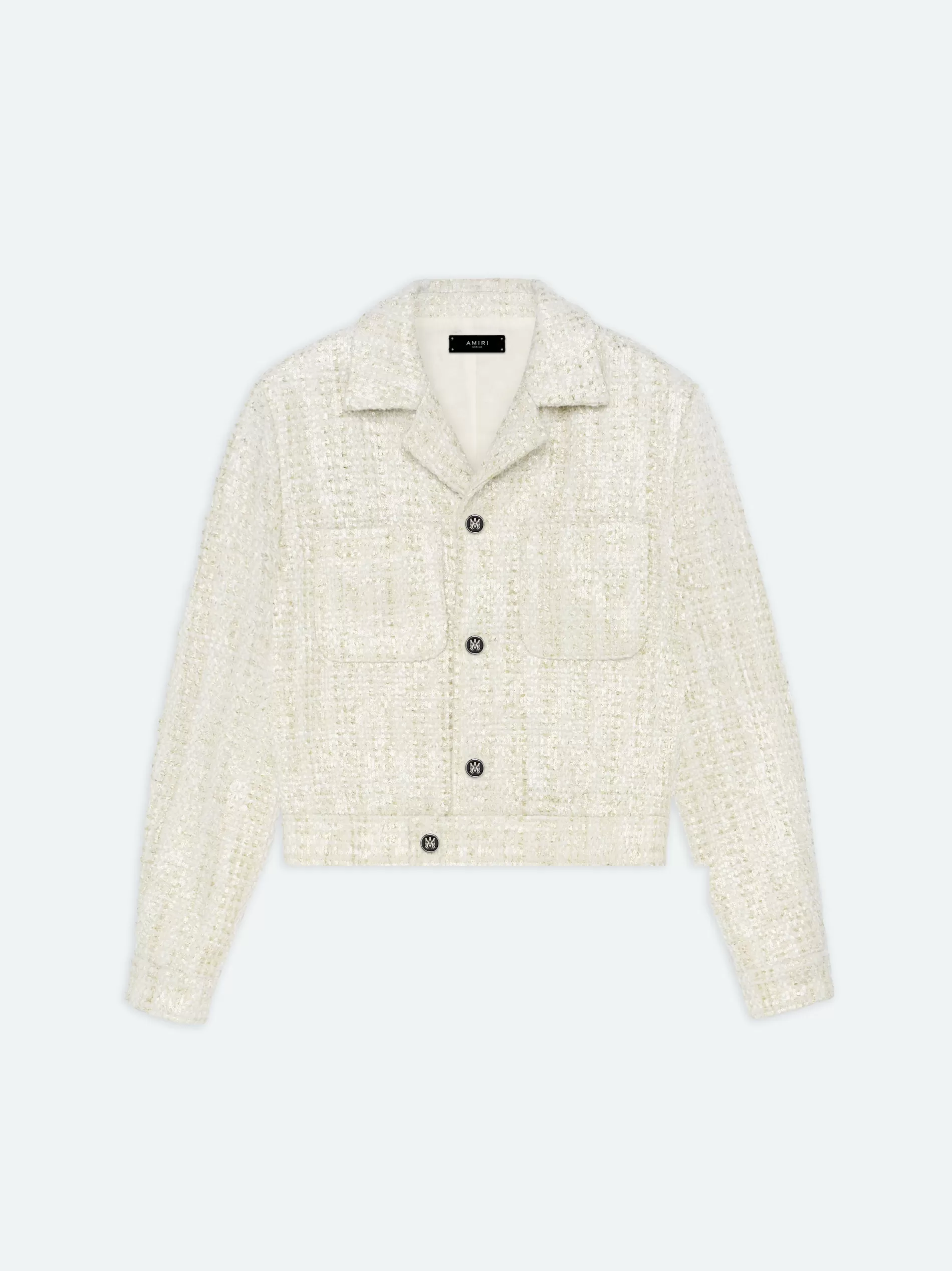 AMIRI Outerwear>SEQUIN BOUCLE SHIRT JACKET Alabaster