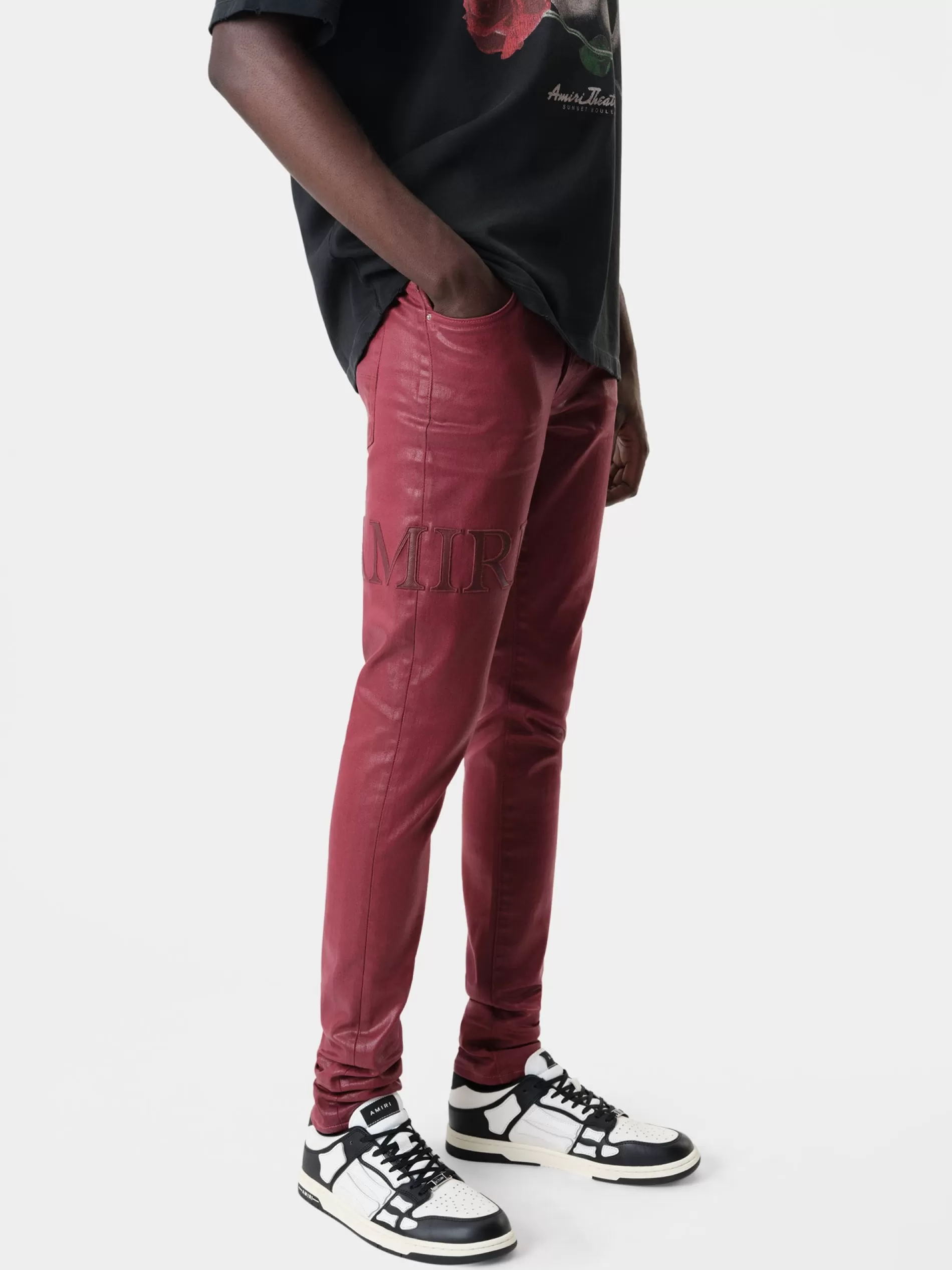 AMIRI Denim>SERIF LOGO WAX SKINNY JEAN Burgundy