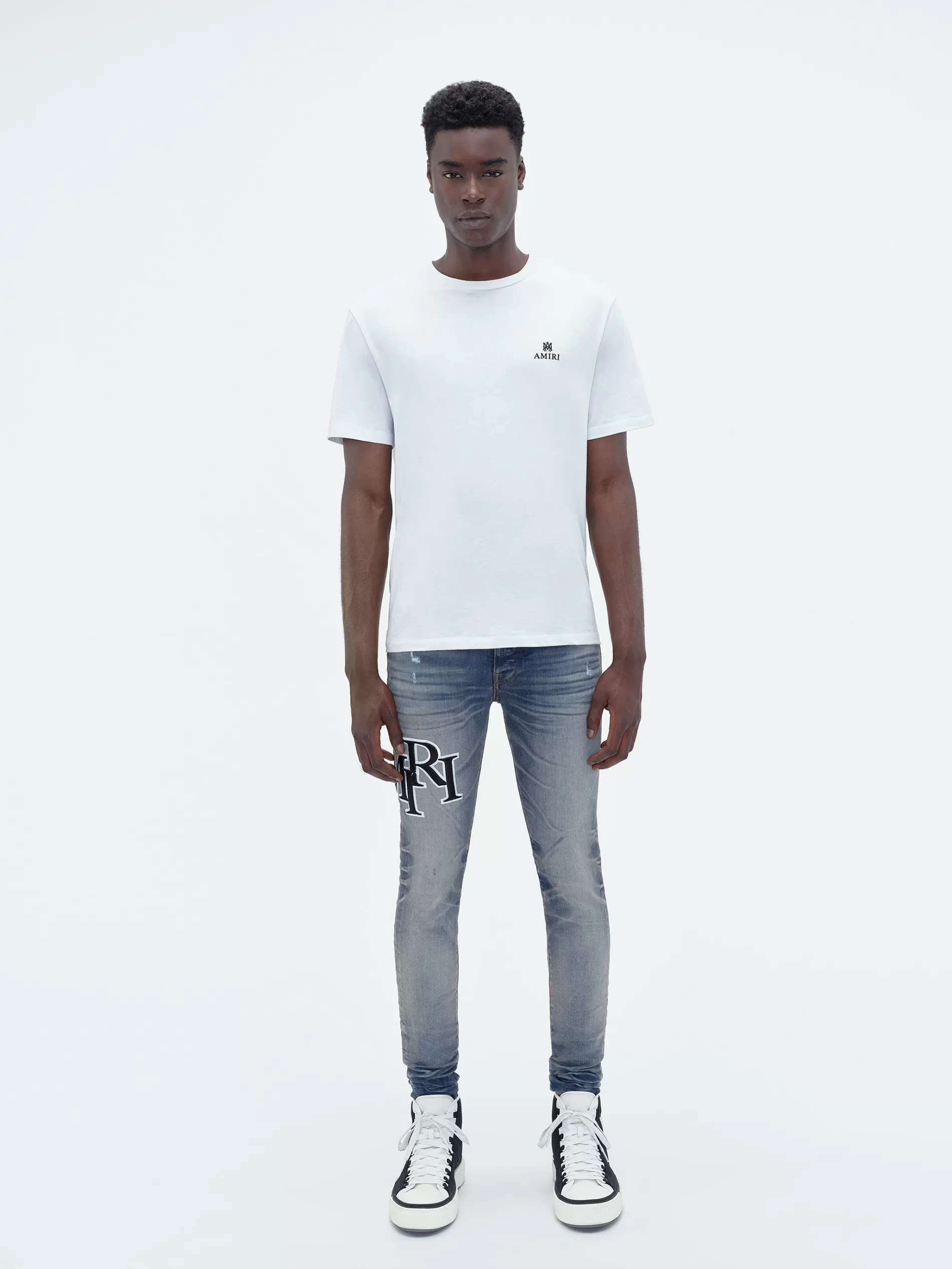 AMIRI Denim>STAGGERED EMBROIDERED LOGO JEAN Vintage Indigo