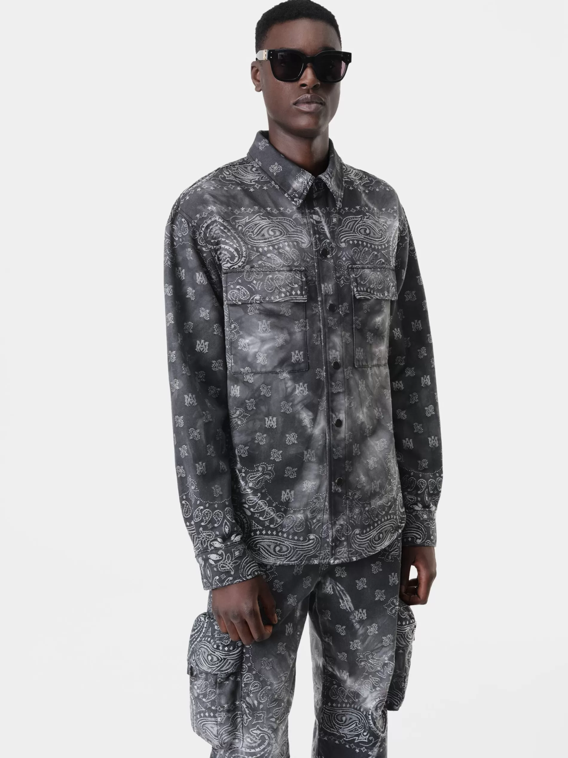 AMIRI Denim>TIE DYE BANDANA OVERSHIRT Dark Grey