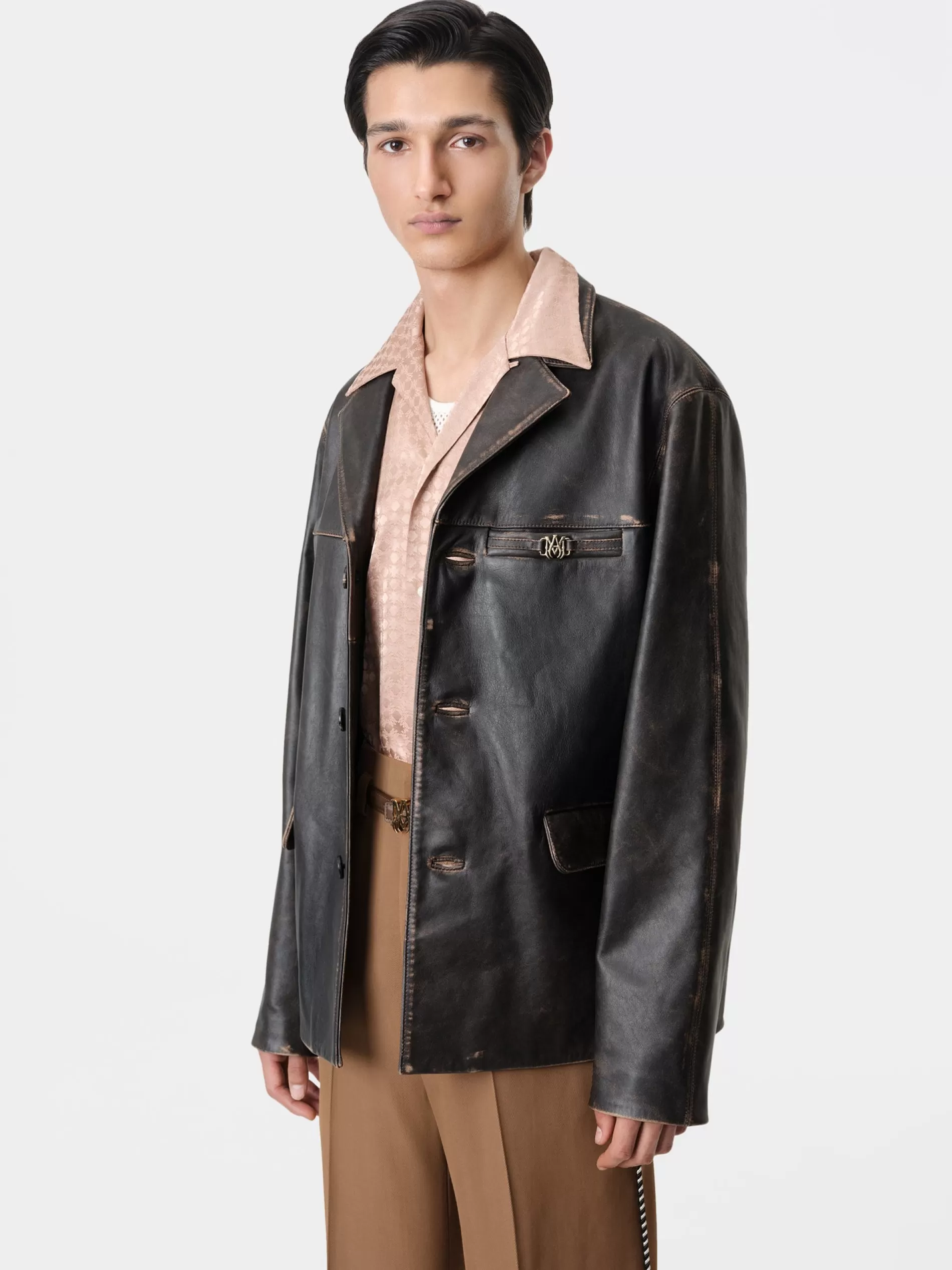 AMIRI Outerwear>TUMBLED LEATHER SINGLE BREASTED JACKET DARK BROWN