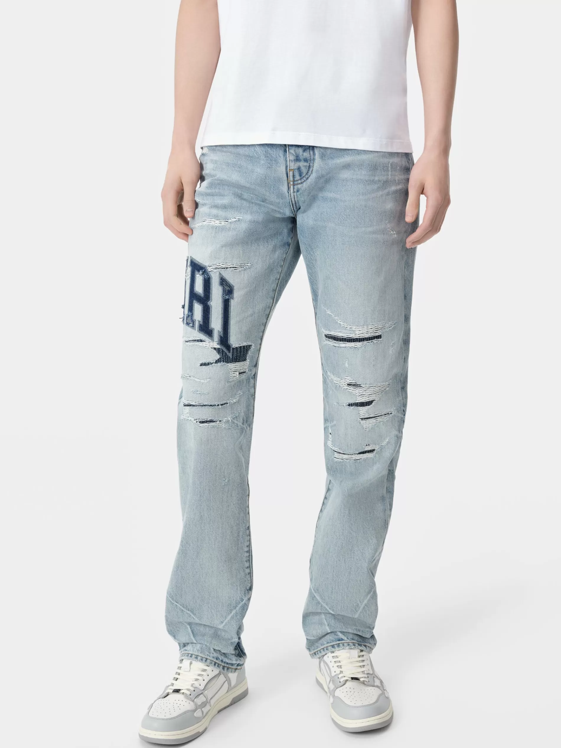 AMIRI Denim>VARSITY LOGO REPAIR STRAIGHT PERFECT INDIGO