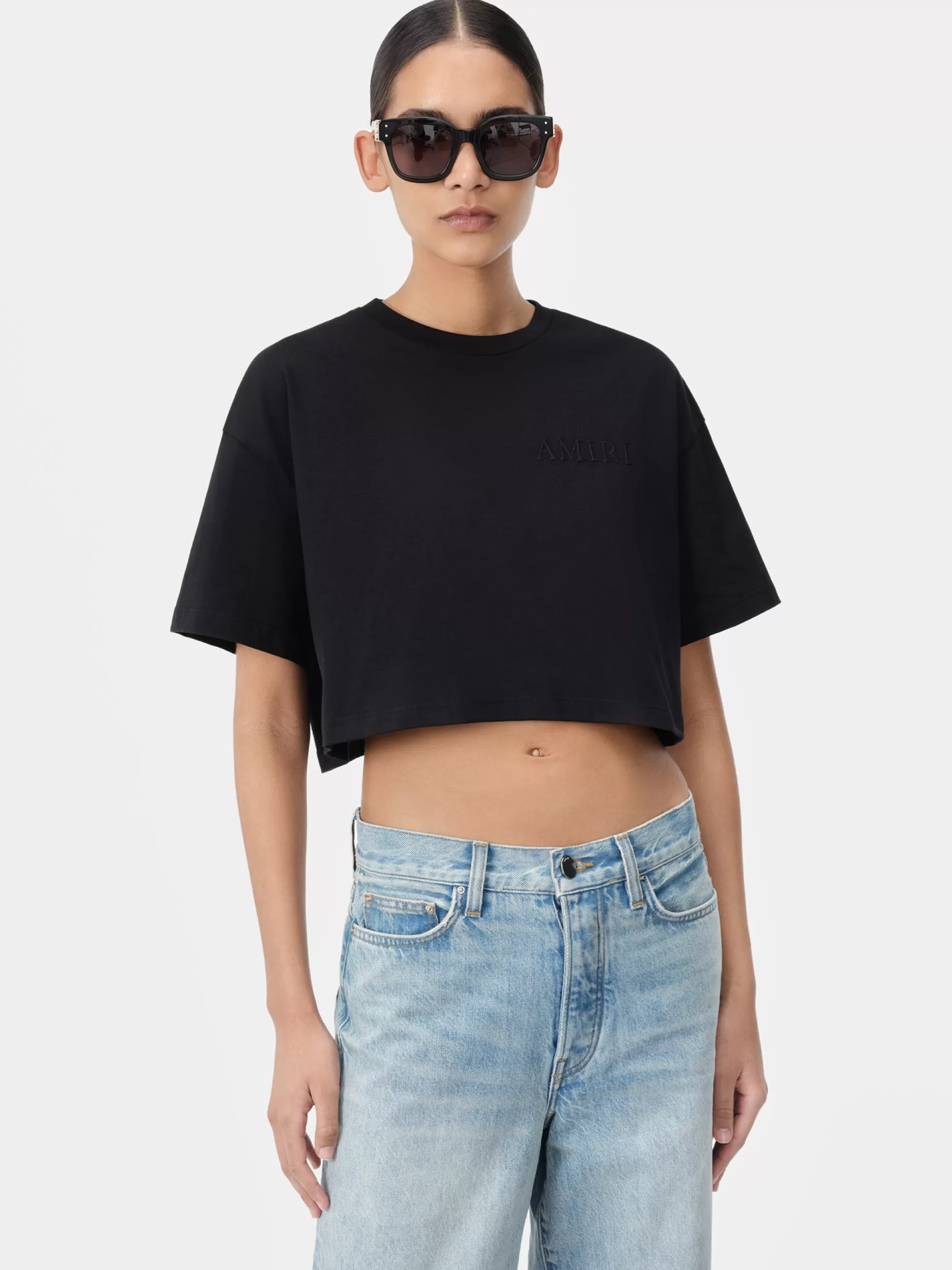 AMIRI Jersey | Tees>WOMEN'S EMBROIDERED CROPPED TEE BLACK