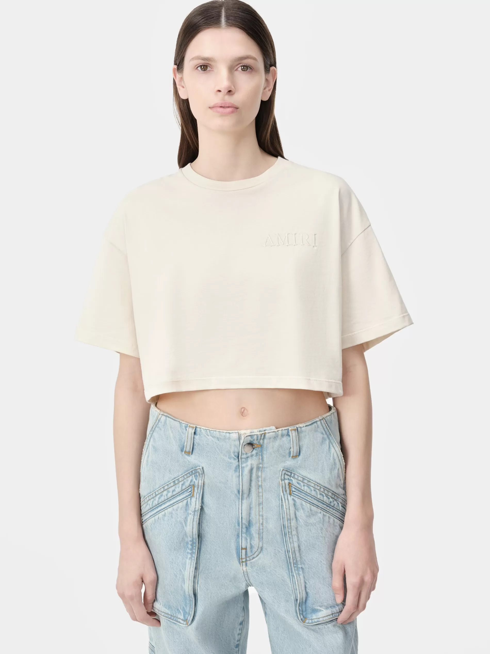 AMIRI Jersey | Tees>WOMEN'S EMBROIDERED CROPPED TEE Alabaster