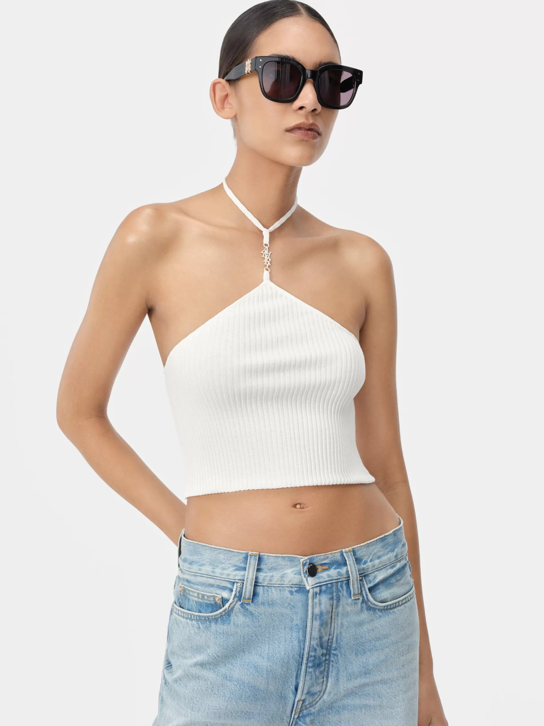 AMIRI Knitwear>WOMEN'S STACKED HALTER TOP Alabaster