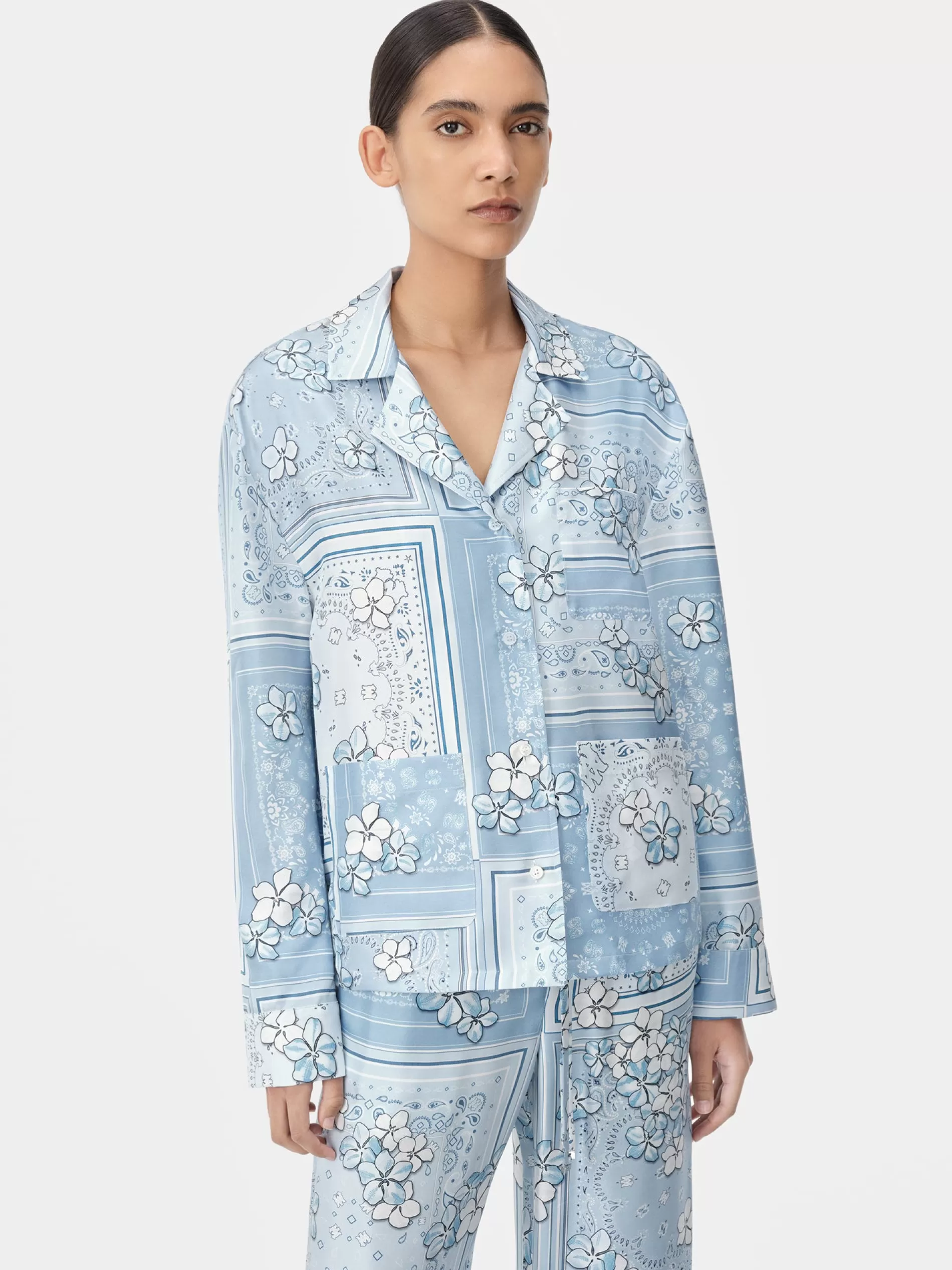 AMIRI Shirts>WOMEN'S BANDANA FLORAL PJ SHIRT Cerulean