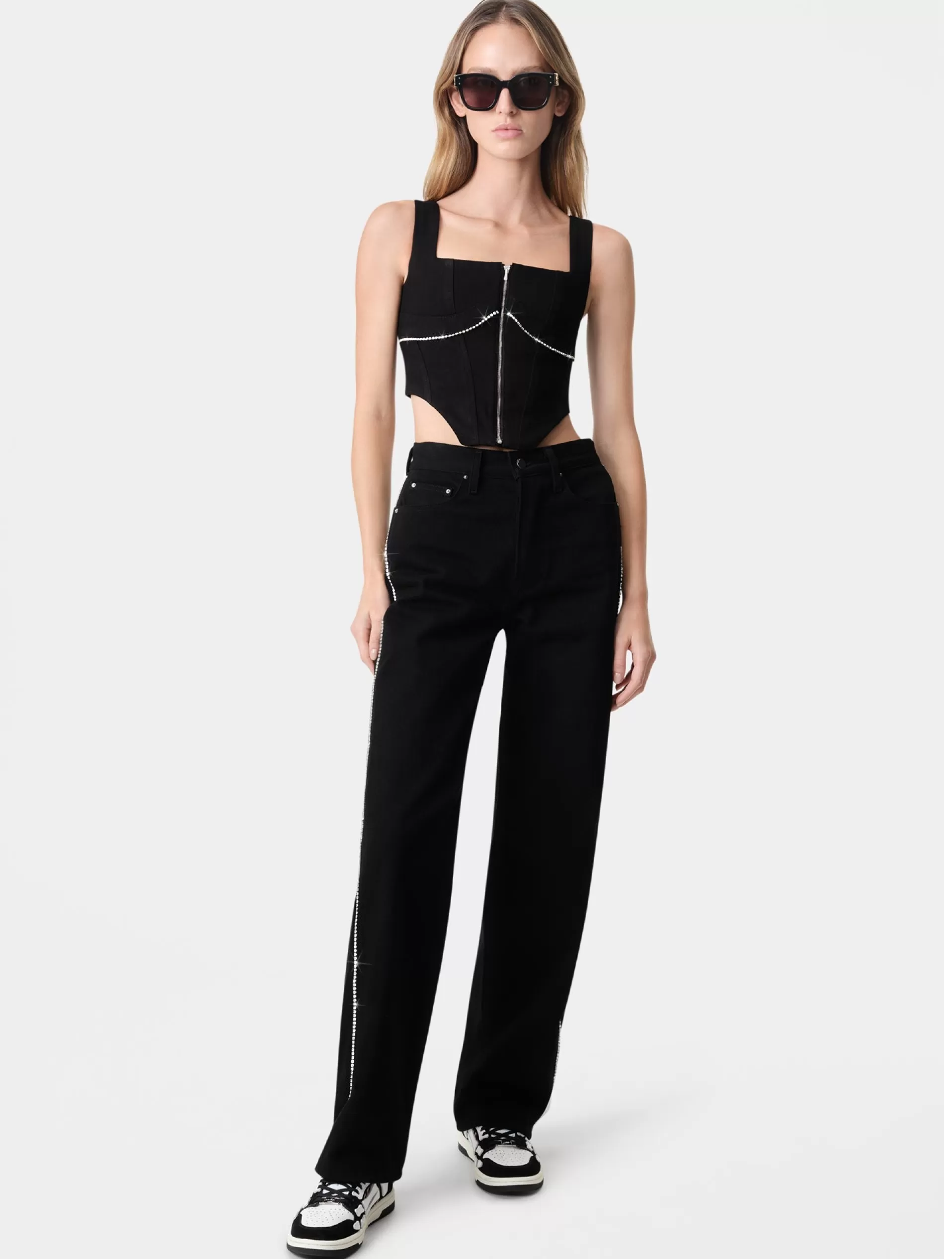 AMIRI Denim>WOMEN'S CRYSTAL STRIPE WIDE STRAIGHT BLACK OD