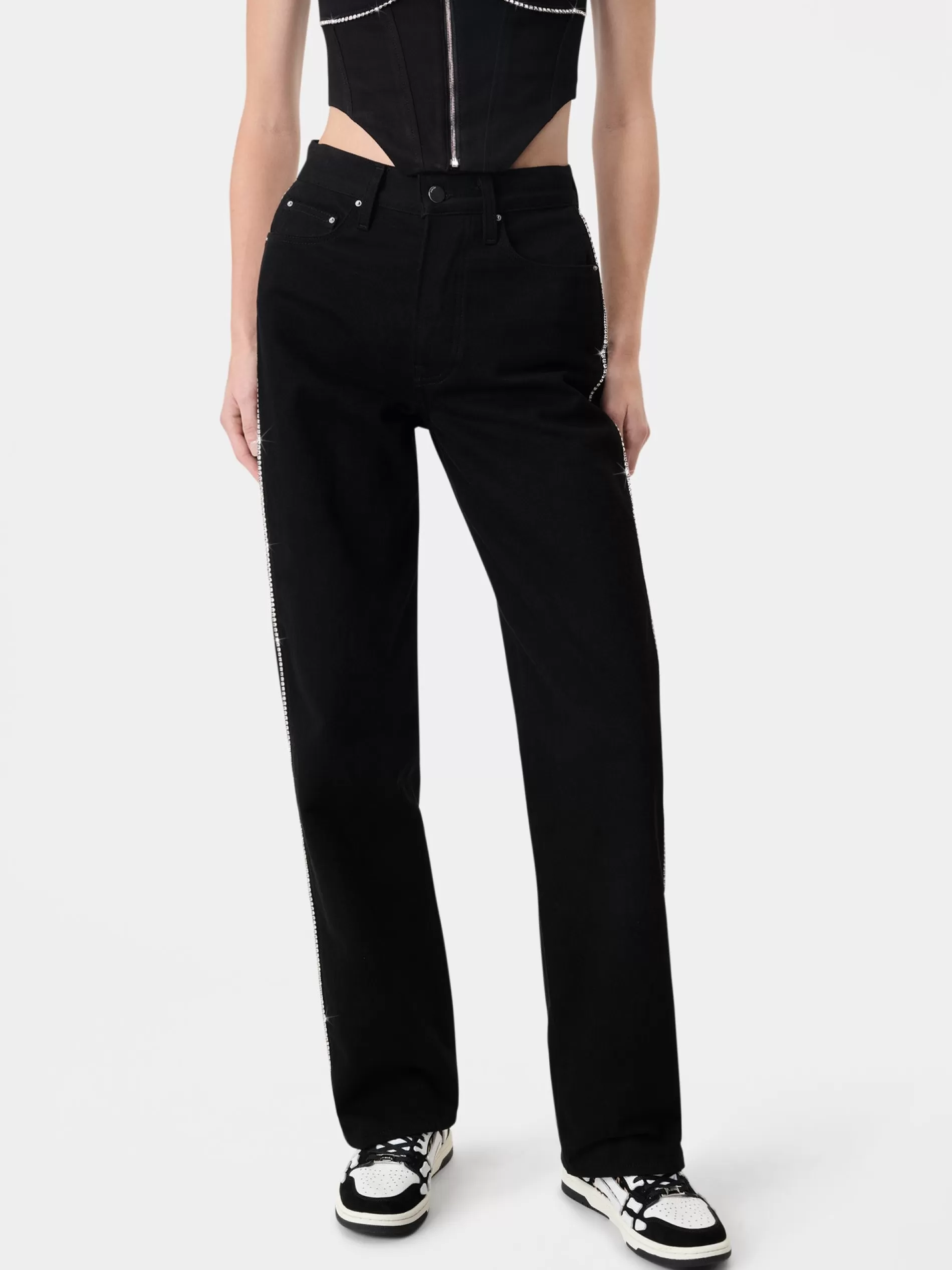 AMIRI Denim>WOMEN'S CRYSTAL STRIPE WIDE STRAIGHT BLACK OD