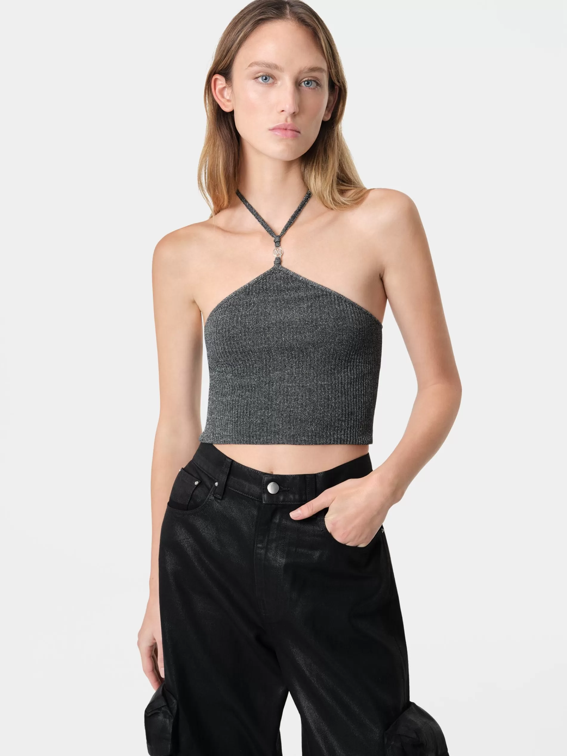 AMIRI Knitwear | Shirts>WOMEN'S LUREX HALTER TOP BLACK