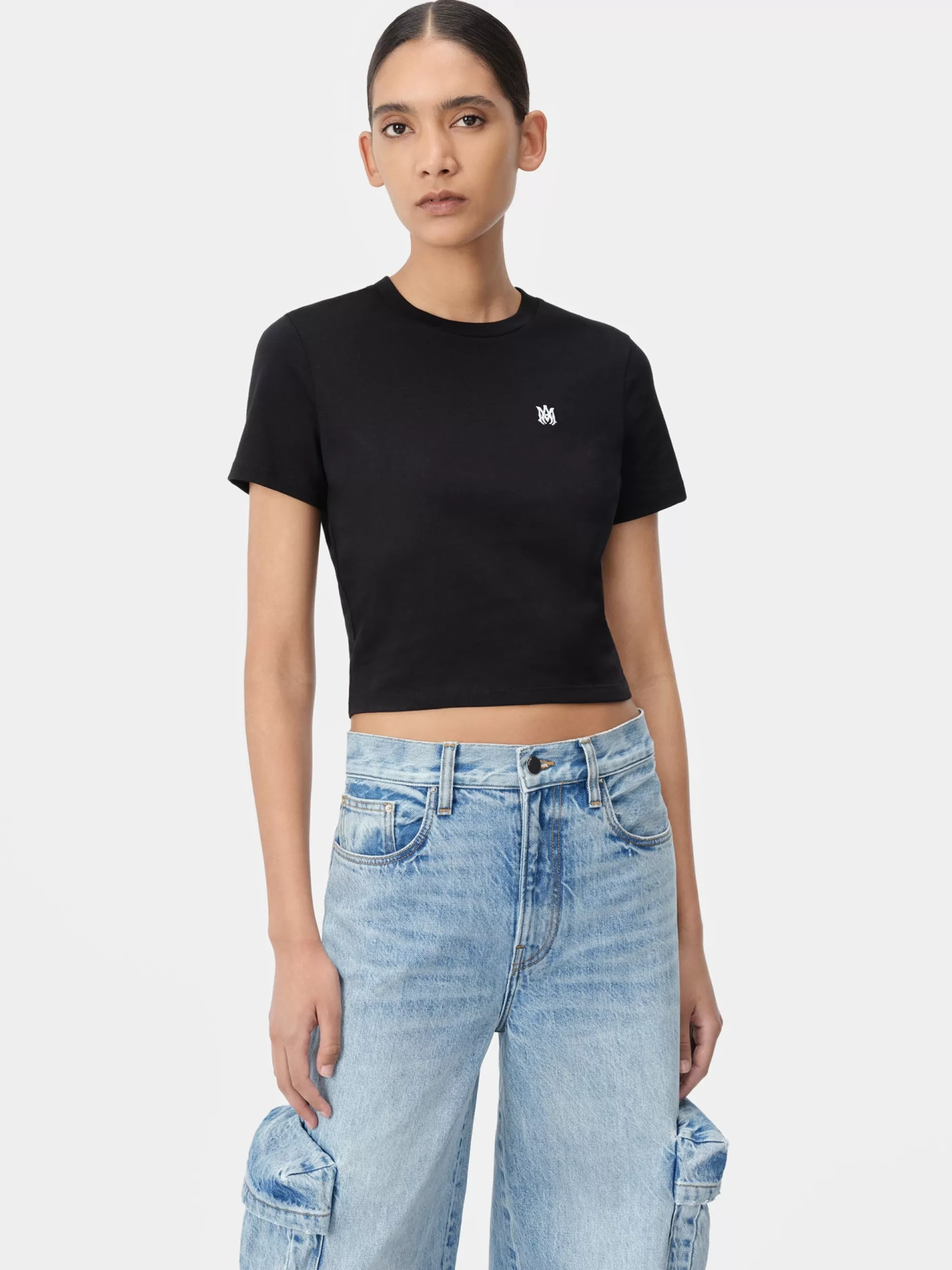 AMIRI Jersey | Tees>WOMEN'S MA EMBROIDERED BABY TEE BLACK