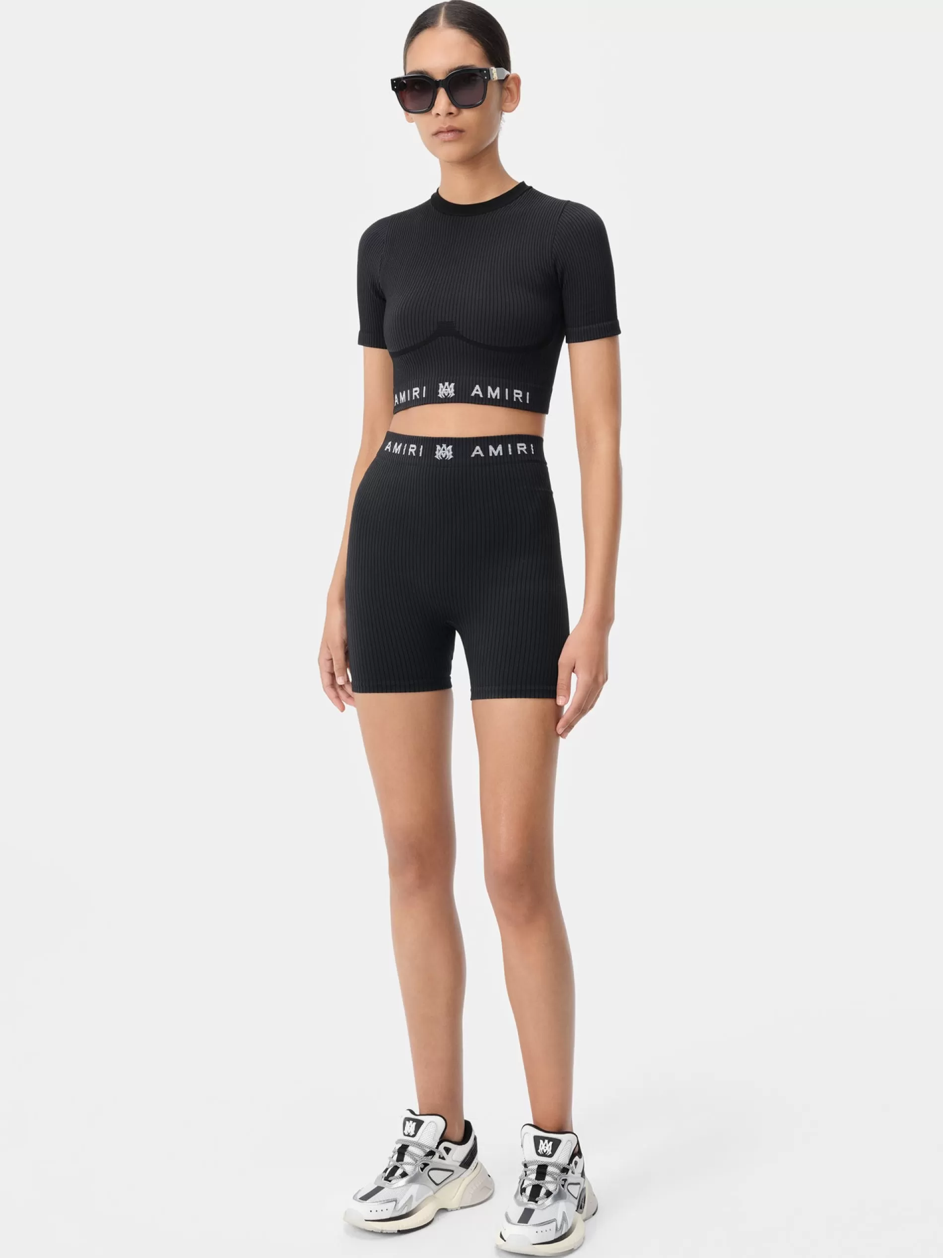 AMIRI Activewear>WOMEN'S MA RIBBED SEAMLESS S/S TOP BLACK