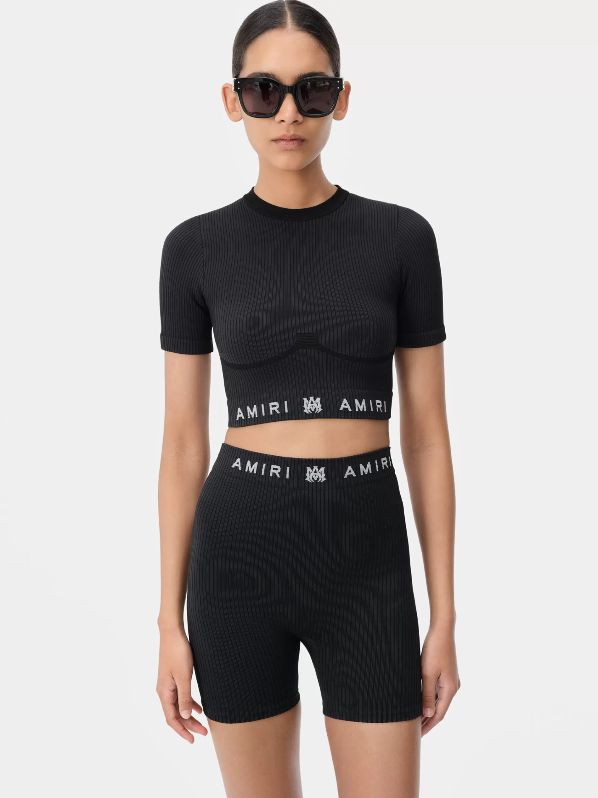 AMIRI Activewear>WOMEN'S MA RIBBED SEAMLESS S/S TOP BLACK