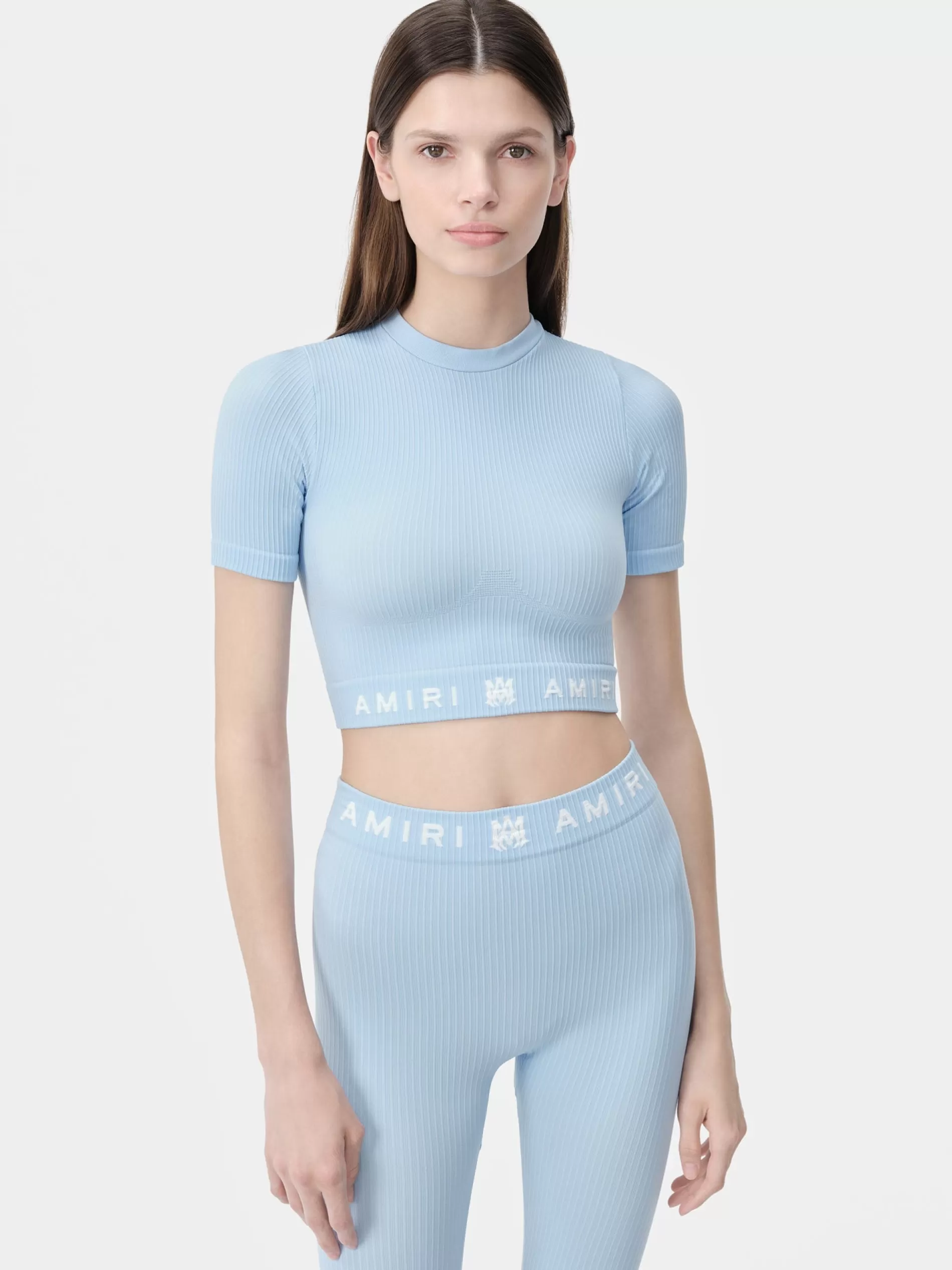 AMIRI Activewear>WOMEN'S MA RIBBED SEAMLESS S/S TOP Cerulean