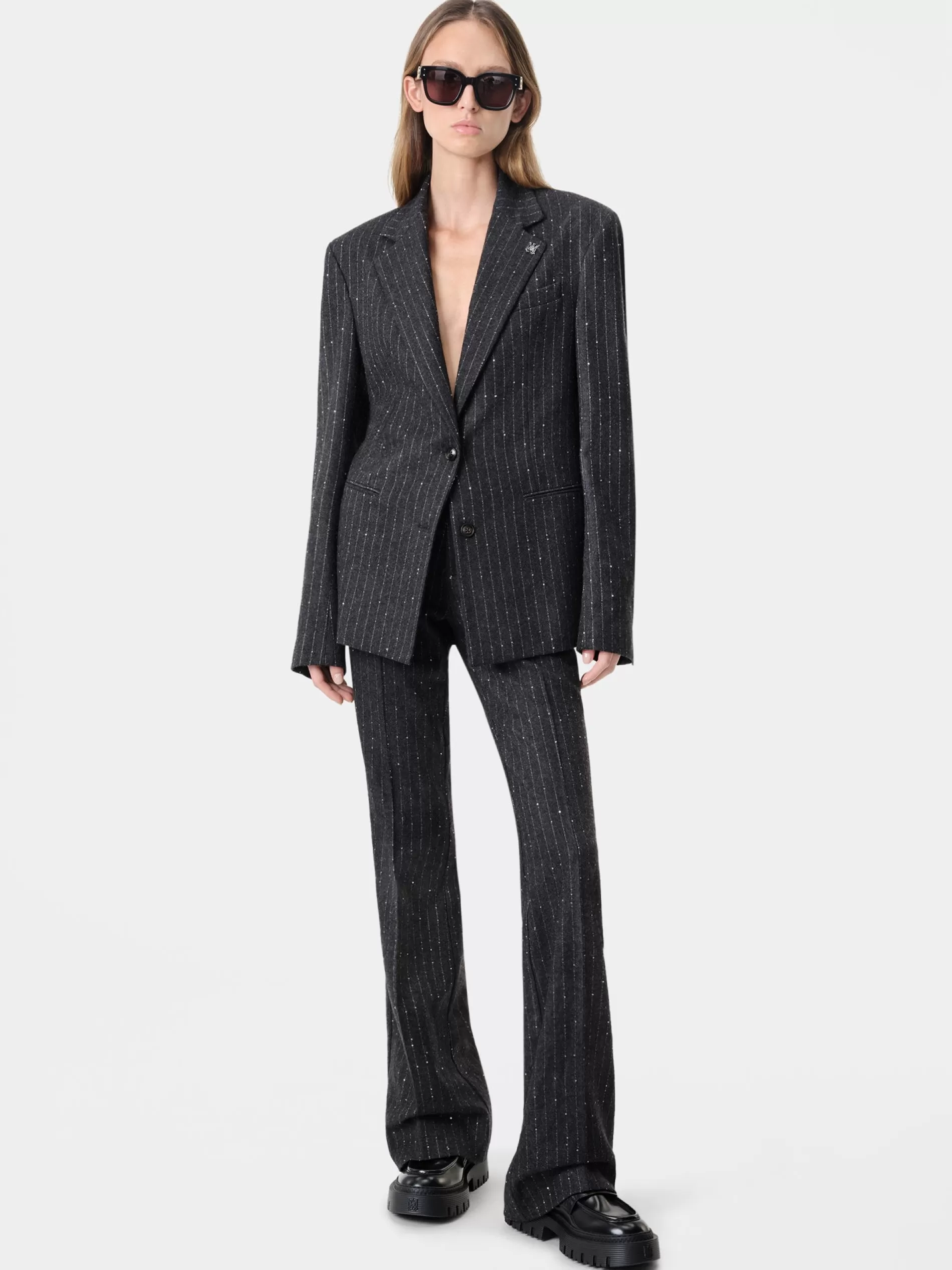 AMIRI Pants>WOMEN'S SEQUIN PINSTRIPE KICK FLARE Dark Grey